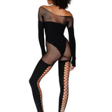 Dreamgirl Opaque Teddy Bodystocking with Faux Lace-Up Stockings