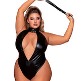 Dreamgirl Plus Faux-Leather Halter Teddy with Studded Collar & Flogger Accessory
