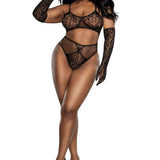 Dreamgirl Plus Black Lace Bralette Panty and Gloves Set