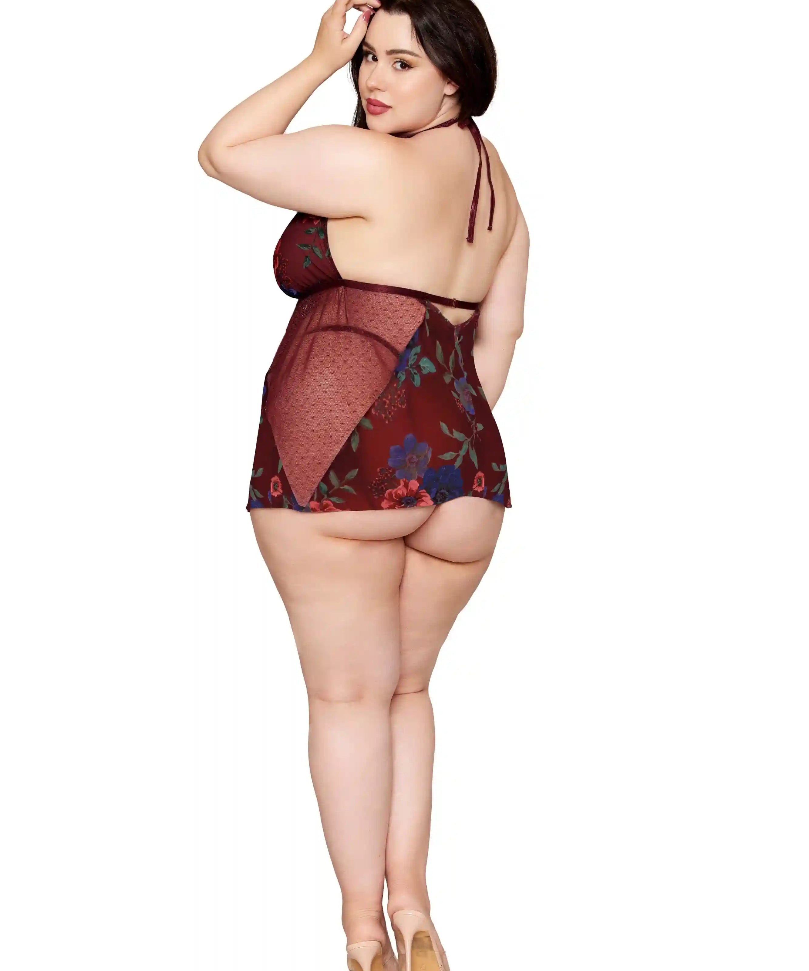 Dreamgirl Plus Floral Cherry Lacquer Babydoll & G-String