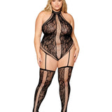 Dreamgirl Plus Lace Teddy Bodystocking with Thigh High Stockings