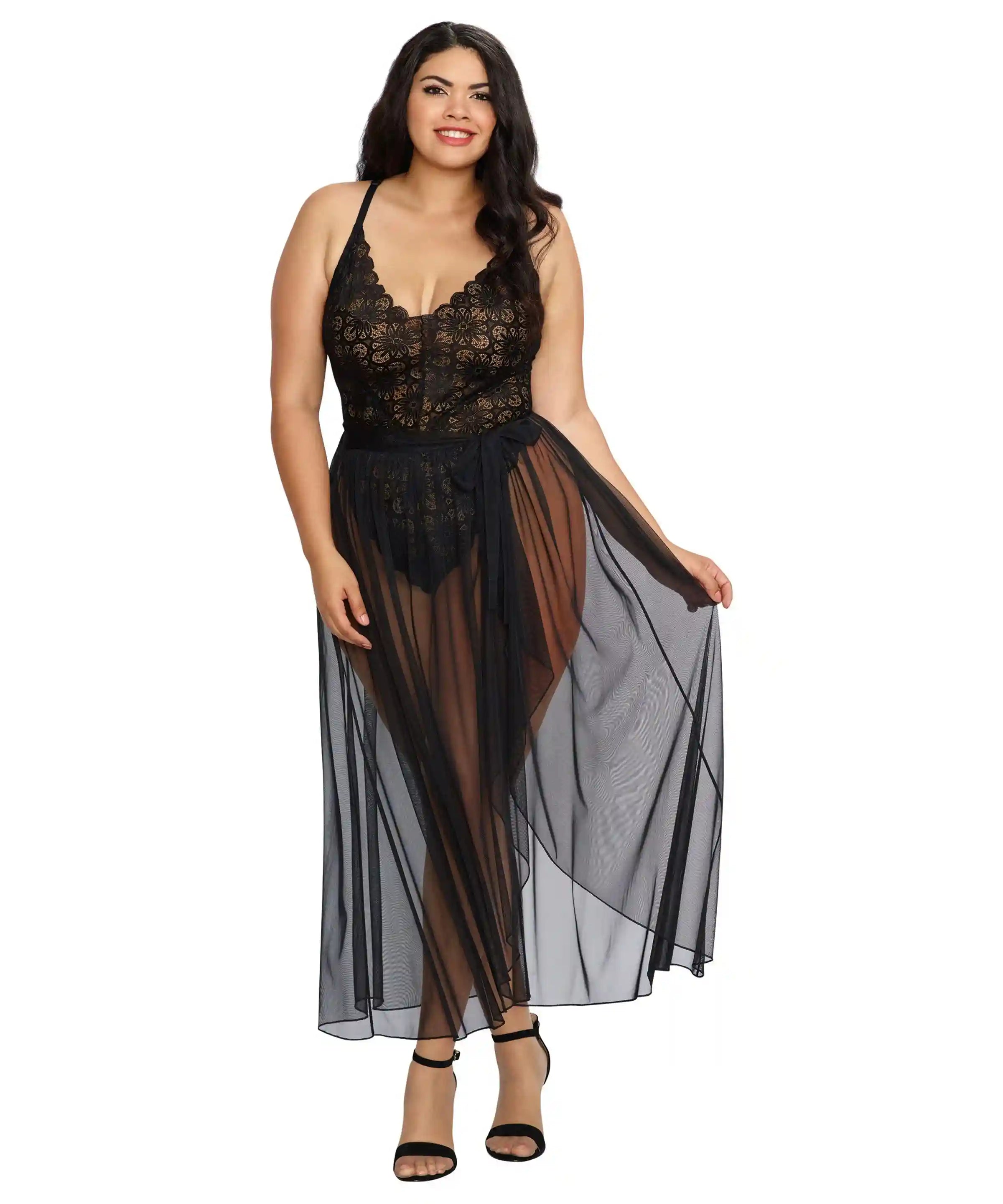Dreamgirl Plus Mosaic Lace Teddy & Sheer Skirt