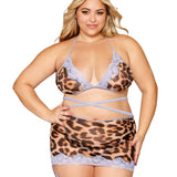 Dreamgirl Plus Leopard Contrast Scalloped Lace Bralette, Garter Skirt, & G-String Set