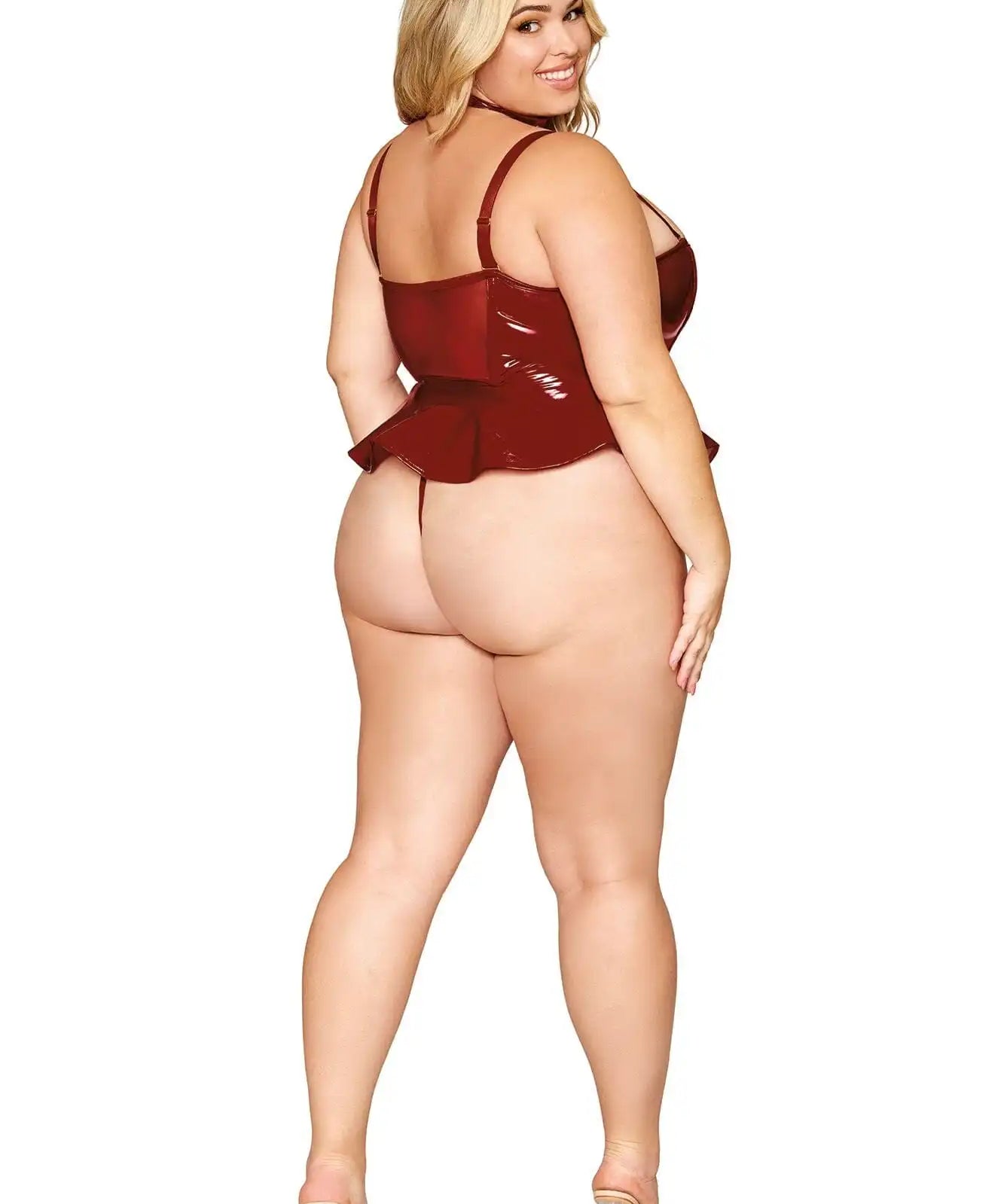 Dreamgirl Plus Vinyl Peplum Bustier, Collar, and G-String Set