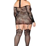 Dreamgirl Plus Lace Patterned Knit Garter Dress with Stockings