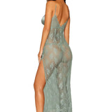 Delicate Eyelash Lace and Satin Long Chemise and G-String Set