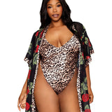 Dreamgirl Plus Rose Print Chiffon Robe with Leopard Print Satin Teddy Set