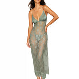 Delicate Eyelash Lace and Satin Long Chemise and G-String Set