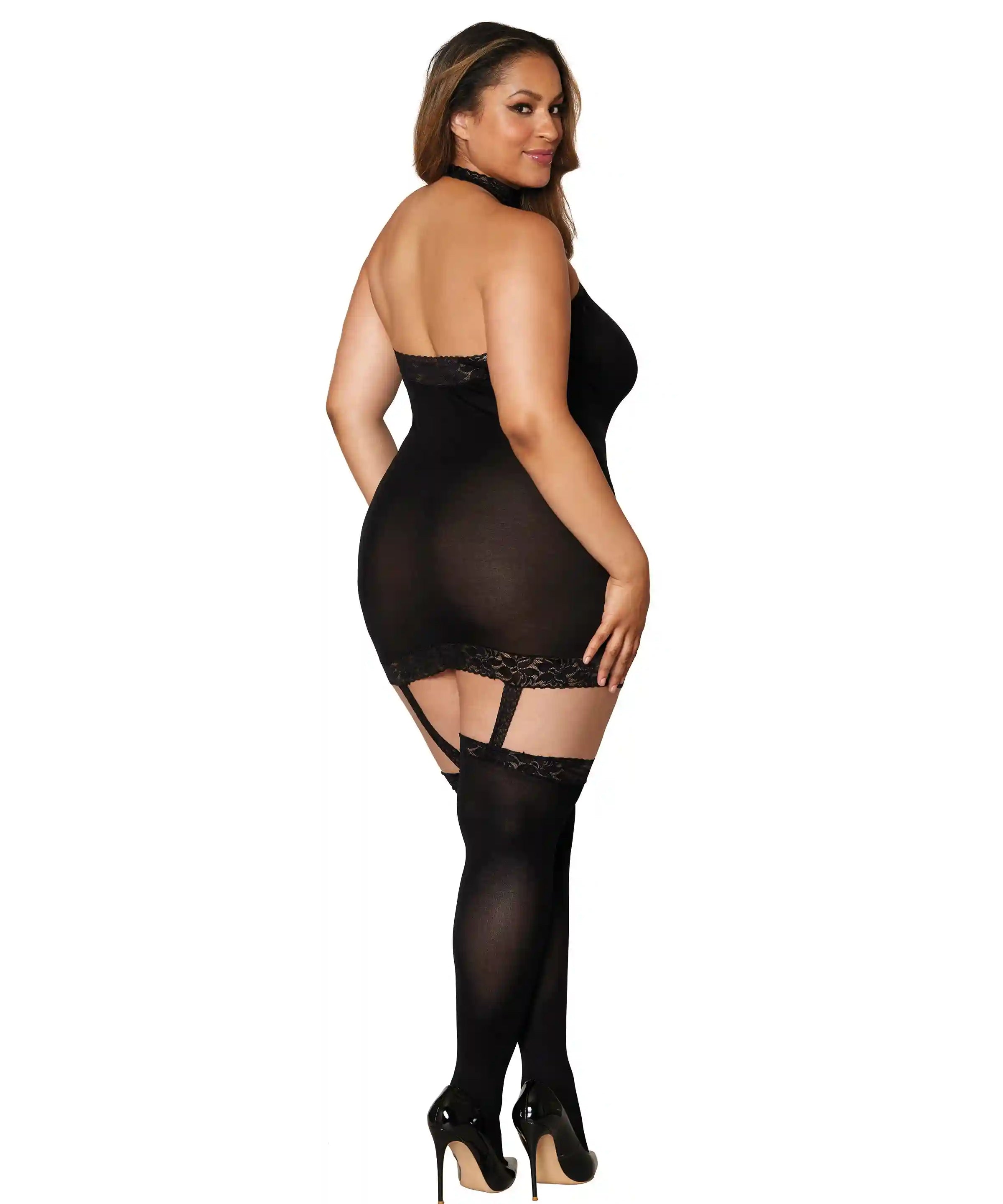 Dreamgirl Plus Sheer Garter Bodystocking with Thigh High