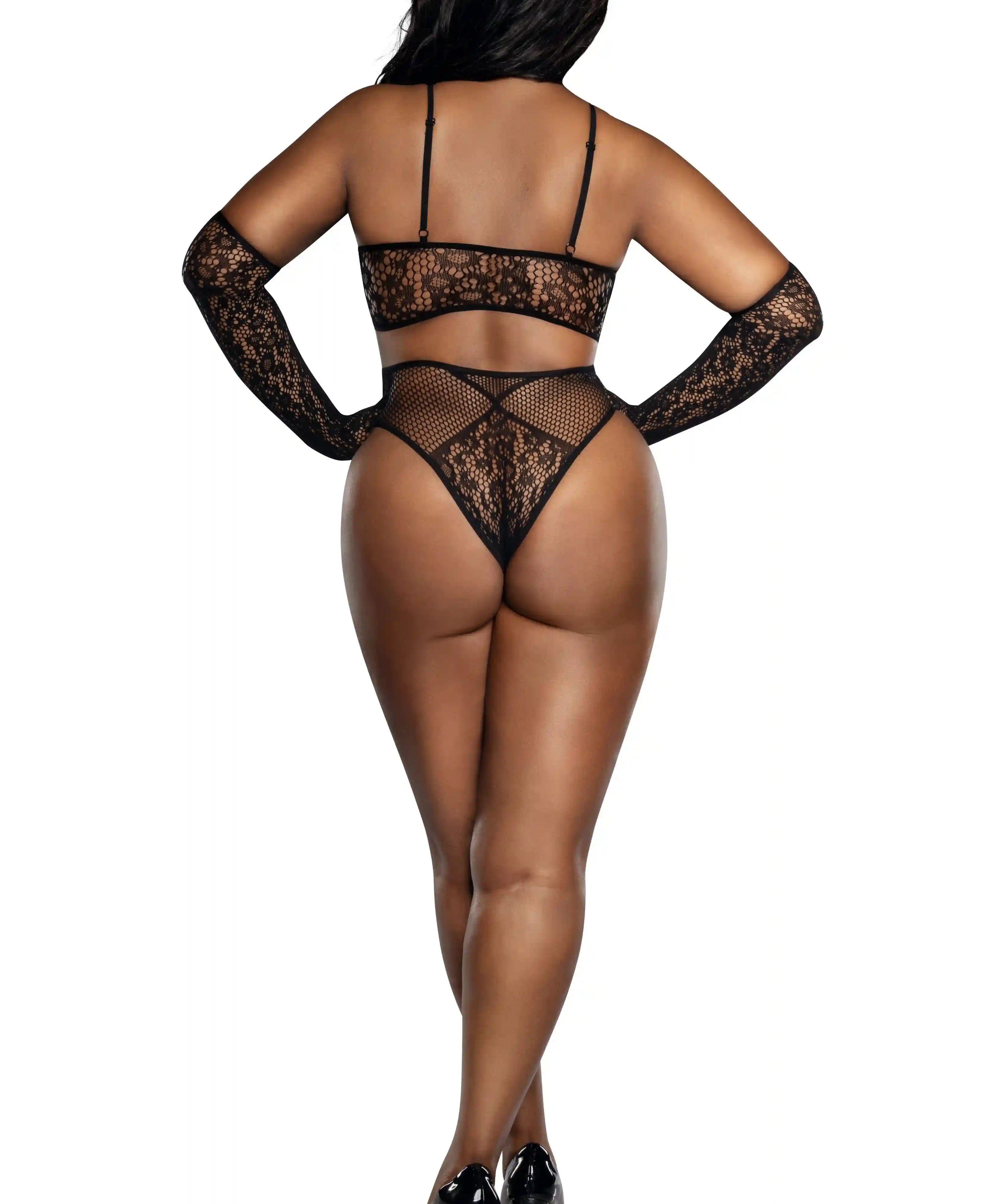 Dreamgirl Plus Black Lace Bralette Panty and Gloves Set