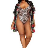 Dreamgirl Plus Rose Print Chiffon Robe with Leopard Print Satin Teddy Set