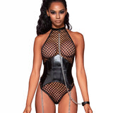 Dreamgirl Fishnet Corset-Style Halter Teddy with Collar & Chain Leash