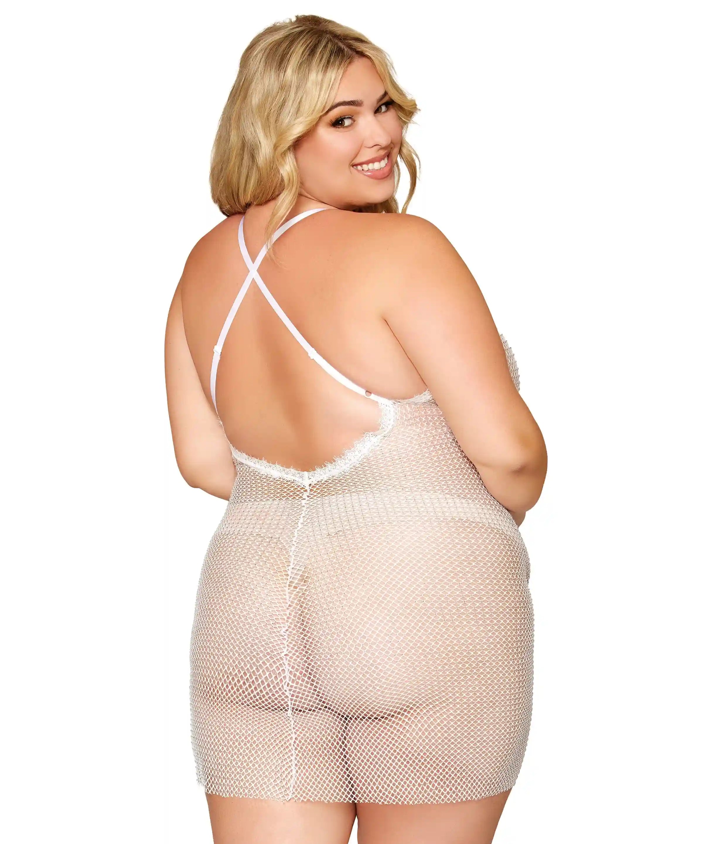 Dreamgirl Plus Rhinestone Fishnet Chemise with Eyelash Lace Trim