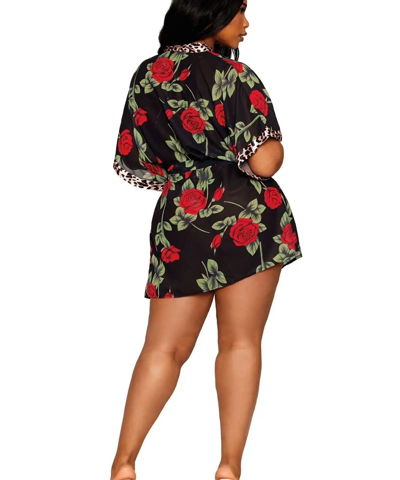 Dreamgirl Plus Rose Print Chiffon Robe with Leopard Print Satin Teddy Set