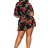Dreamgirl Plus Rose Print Chiffon Robe with Leopard Print Satin Teddy Set