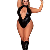 Dreamgirl Plus Faux-Leather Halter Teddy with Studded Collar & Flogger Accessory